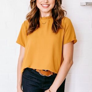 Mustard Ruffle Neck Top NWOT